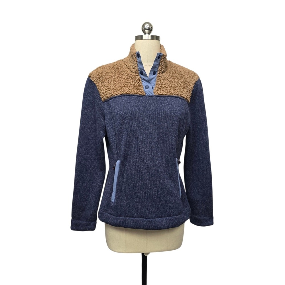 Title Nine Womens Small Blue Brown Sherpa‎ Yoke Snap Neck Fleece Pullover Jacket